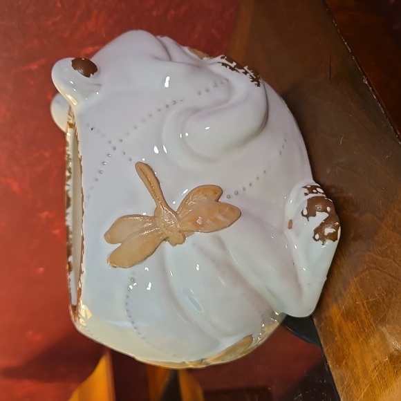 Ceramic Frog Dragonfly Design - White/Brown Planter - Picture 5 of 7